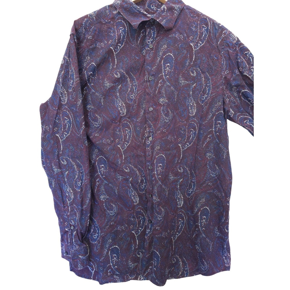Perry Ellis Mens XLT Stretch Paisley Button-Down Shirt Maroon/Blue